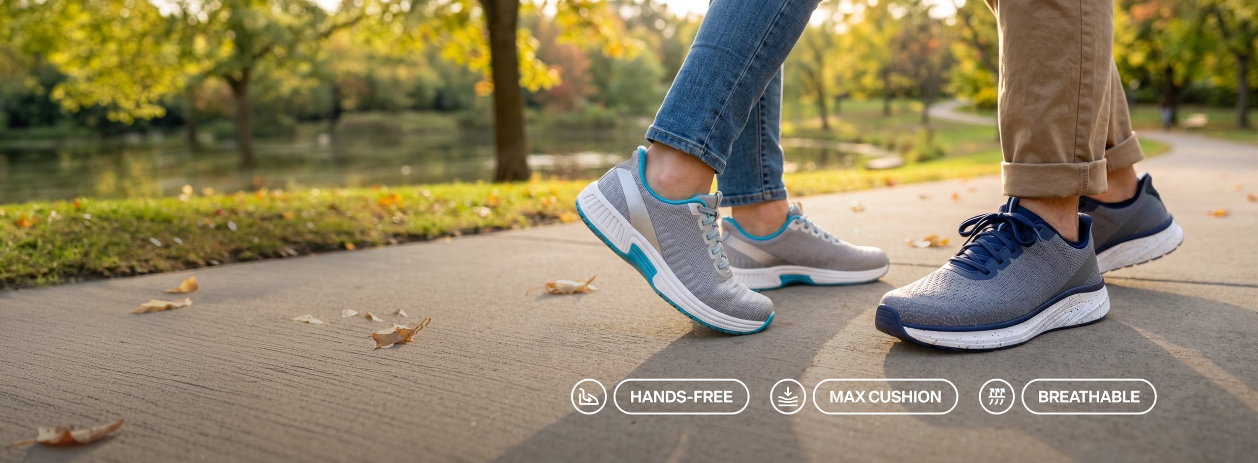 Two people outdoors wearing Kita Hands-Free - Gray/Turquoise & Tilos Hands-Free - Gray/Navy Confetti sneakers. The scene includes feature callout badges at the bottom: hands-free, arch support, and breathable.